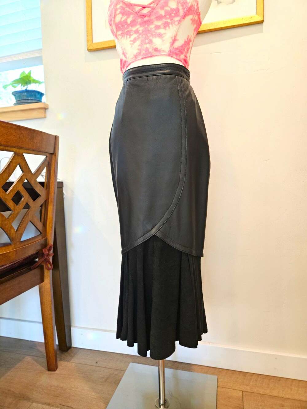 Vtg 80s Genuine Black Leather Mermaid Maxi Skirt Real Suede Ruffle Hem Fits S